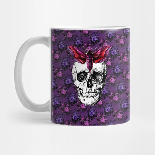 Skull Moth Death by Purple Victorian Flowers - Goth Fashion, Boho Goth, Dark Hippie Floral pattern by Wanderer Bat